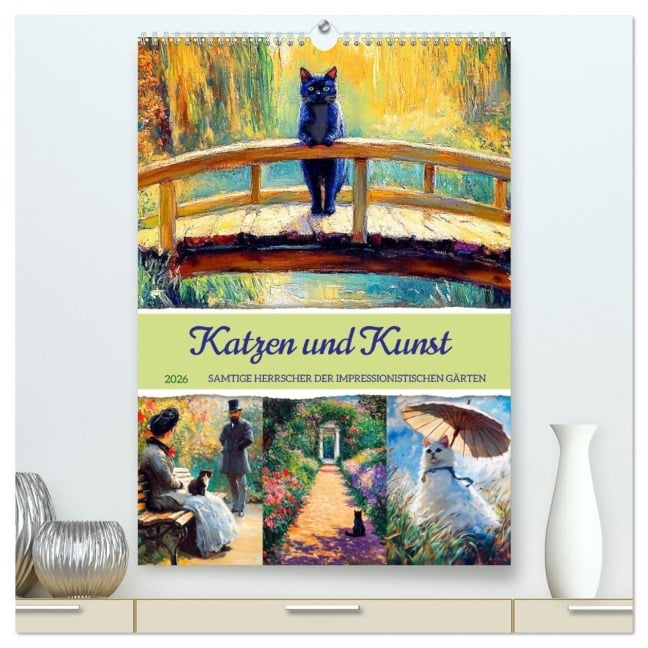 Katzen und Kunst - Samtige Herrscher der impressionistischen Gärten (hochwertiger Premium Wandkalender 2026 DIN A2 hoch), Kunstdruck in Hochglanz - Anja Frost