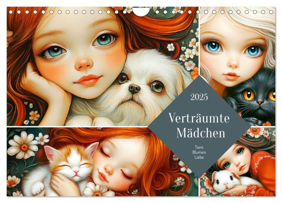 Verträumte Mädchen. Tiere, Blumen, Liebe. (Wandkalender 2025 DIN A4 quer), CALVENDO Monatskalender - Rose Hurley