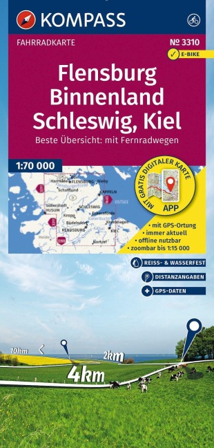 KOMPASS Fahrradkarte 3310 Flensburg Binnenland, Schleswig, Kiel 1:70.000 - 