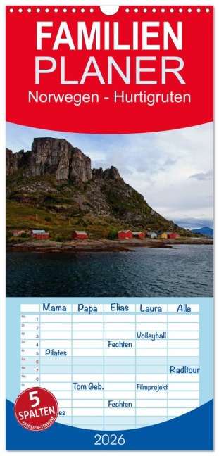 Familienplaner 2026 - Norwegen - Hurtigruten mit 5 Spalten (Wandkalender, 21 x 45 cm) CALVENDO - Borg Enders