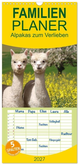 Familienplaner 2027 - Alpakas zum Verlieben mit 5 Spalten (Wandkalender, 21 x 45 cm) CALVENDO - Heidi Rentschler