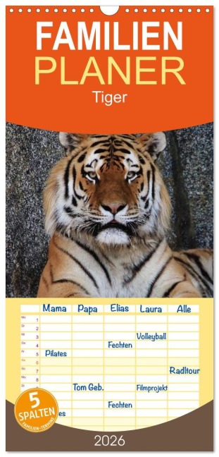 Familienplaner 2026 - Tiger mit 5 Spalten (Wandkalender, 21 x 45 cm) CALVENDO - Jörg Hennig
