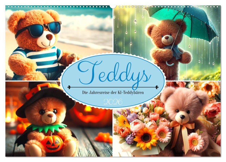 Teddys - Die Jahresreise der KI-Teddybären (Wandkalender 2026 DIN A2 quer), CALVENDO Monatskalender - Marco Warstat