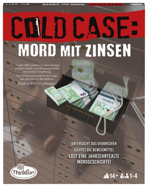 ThinkFun - 76486 - Cold Case: Mord mit Zinsen. Der Krimi im eigenen Heim. Wer findet den Mörder? Ein Rätsel-Spiel für Einen oder in der Gruppe ab 14 Jahren - 