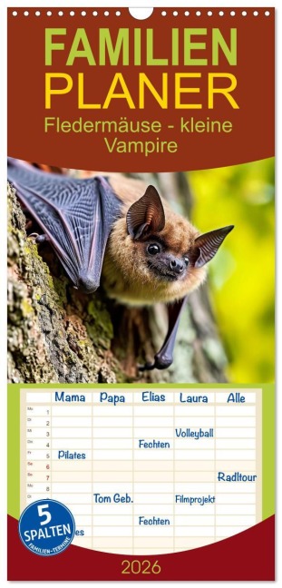 Familienplaner 2026 - Fledermäuse - kleine Vampire mit 5 Spalten (Wandkalender, 21 x 45 cm) CALVENDO - Susan Michel